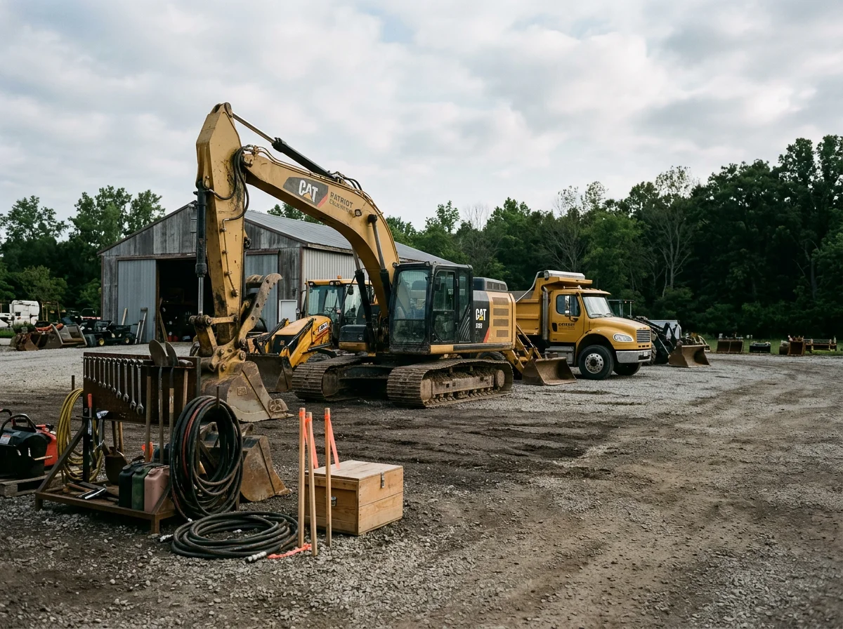 Heavy excavation equipment and trucks staged at a job site, ready for land clearing and site preparation work.
