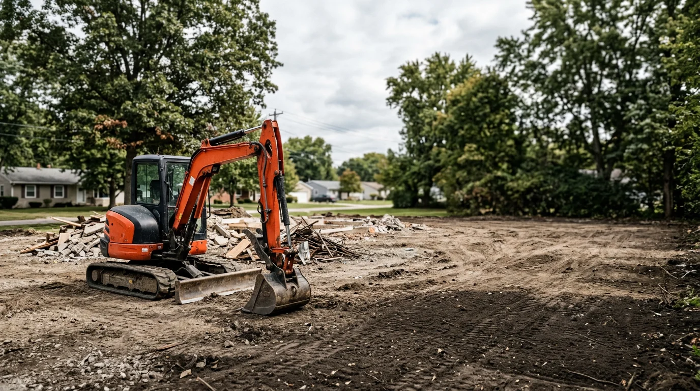 Excavator clearing overgrown land with trees and debris in Huntington, Indiana