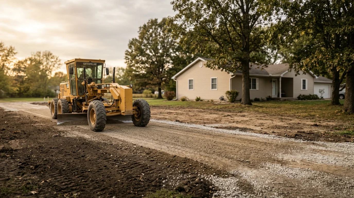 Excavator performing grading work on residential property in Huntington, Indiana