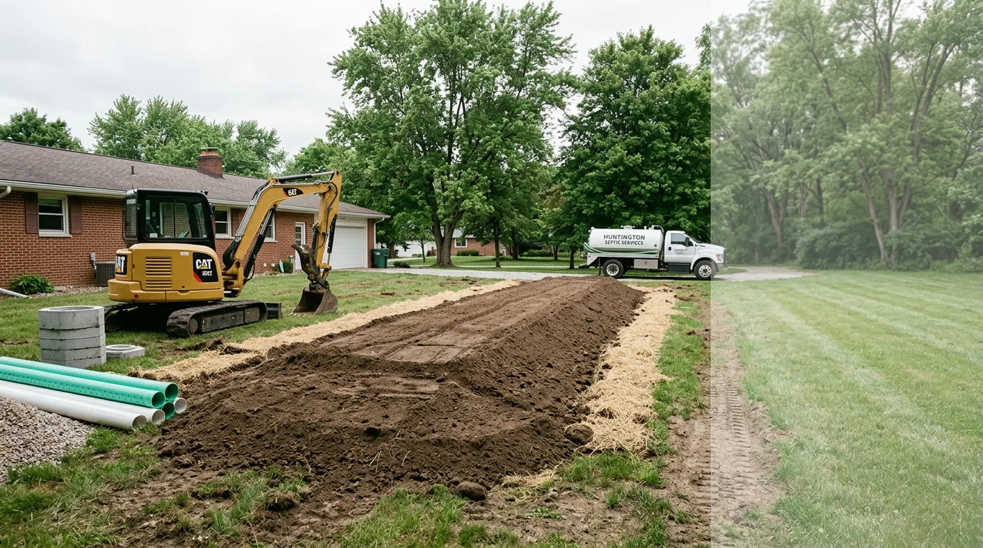 Excavation equipment installing septic system in Huntington, Indiana residential property