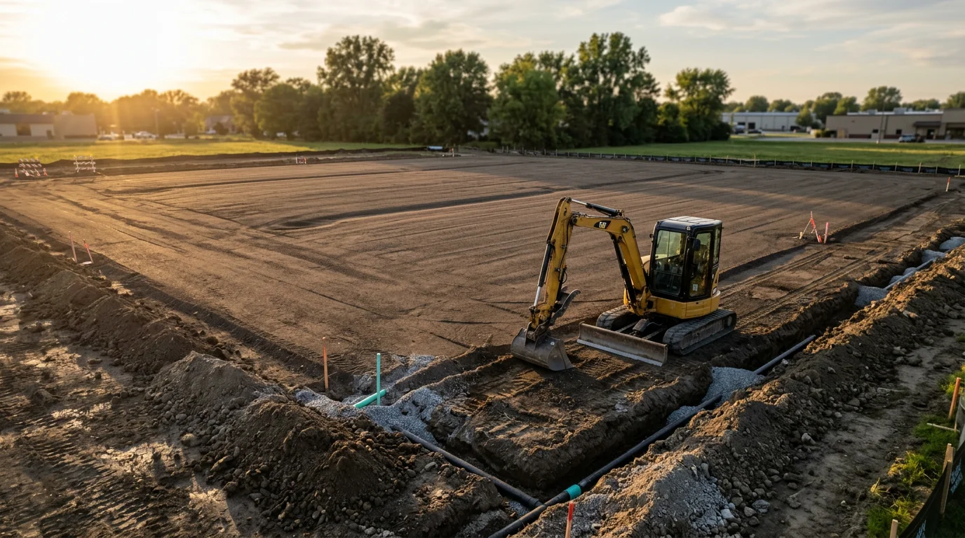 Excavation equipment grading a commercial construction site in Huntington, Indiana