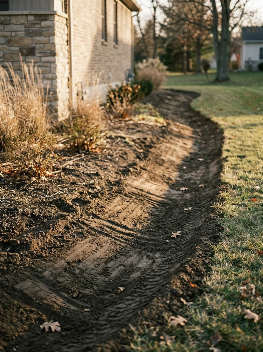 Close-up of a freshly installed drainage swale on a Huntington County residential property, with graded soil sloping away from the home's foundation.
