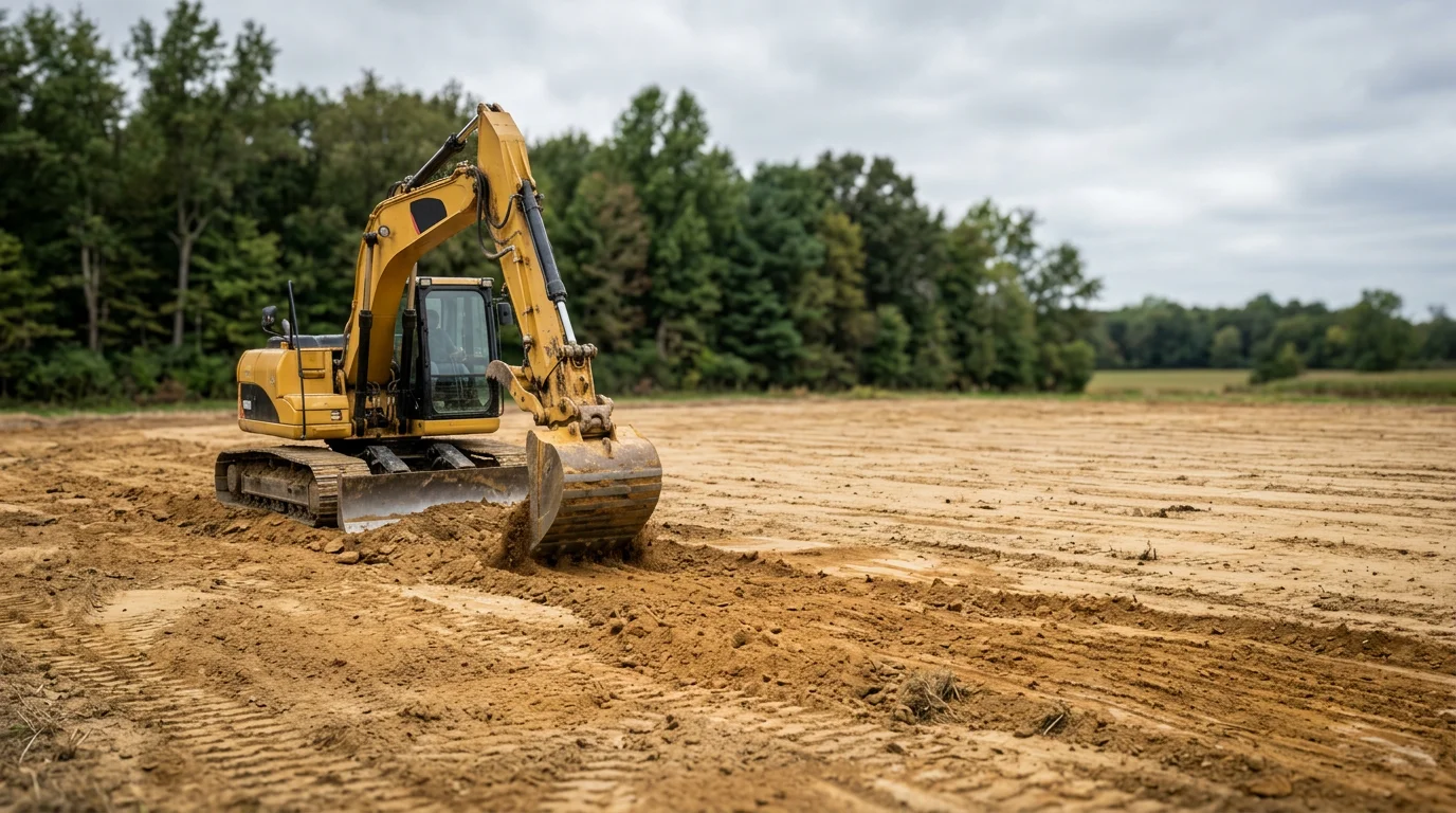 Excavator grading a flat rural lot in Huntington County, Indiana, with clay soil exposed and a tree line visible in the background.