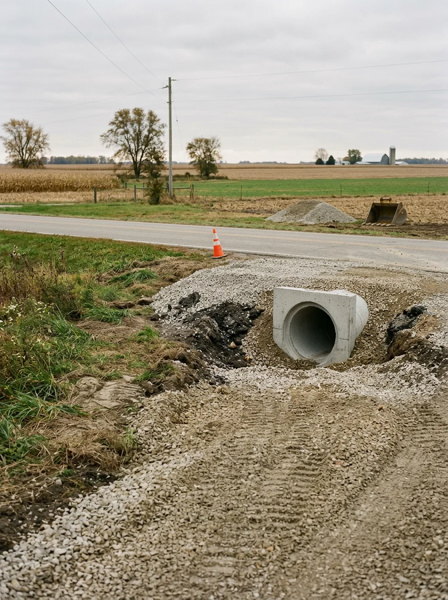 Gravel driveway installation in progress on a rural Wabash County property, with a culvert being set at the road entrance and open farmland surrounding the site.