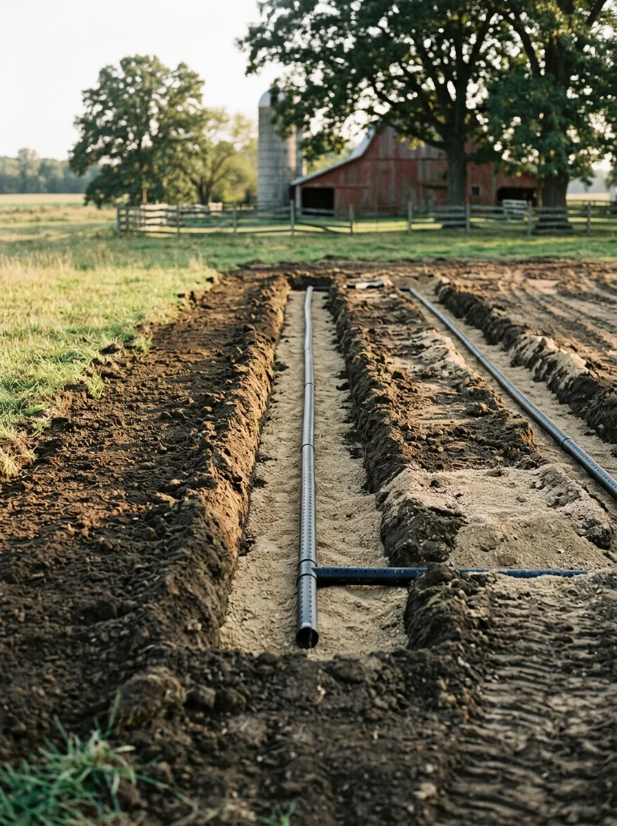 Newly installed septic system drain field on a rural Wells County lot, with freshly graded soil and a farmstead visible in the background.