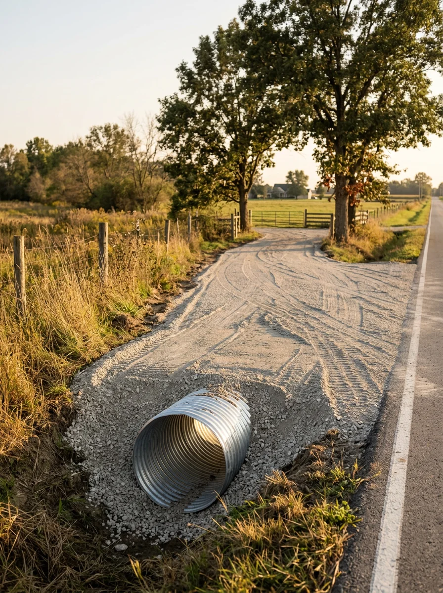 Driveway installation in progress on a rural Whitley County property near Columbia City, with compacted gravel base and a culvert set at the road entrance.