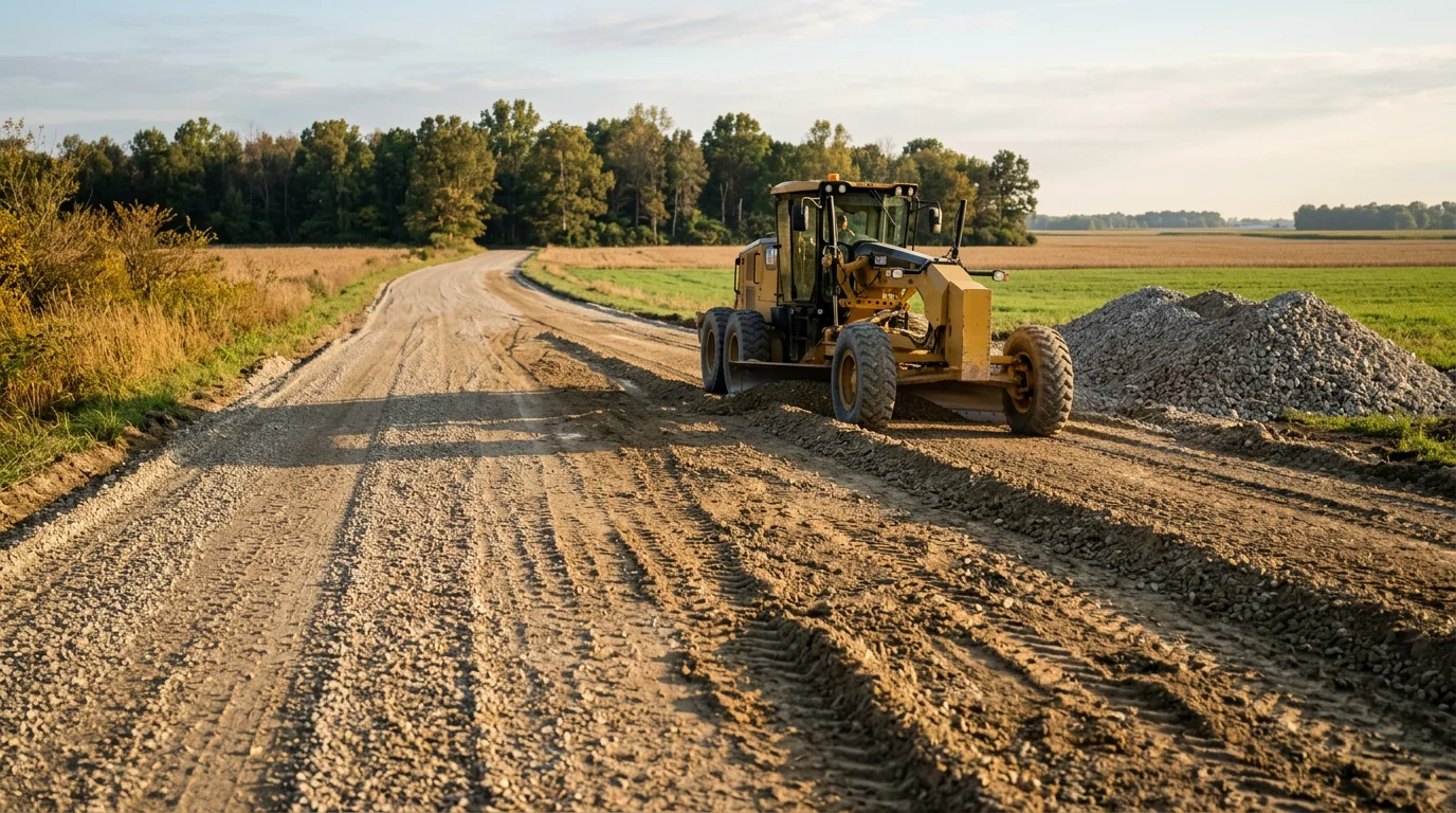 A freshly graded gravel access road cutting through a rural wooded property in Huntington County, Indiana. The road surface is compacted and level, with graded shoulders that slope away for drainage.