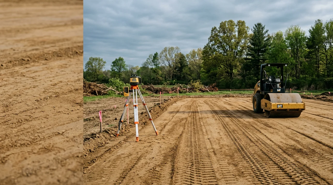 Freshly graded and compacted building pad on a rural Huntington County, Indiana property, with level sub-grade prepared and surrounding area sloped for drainage ahead of pole barn construction.