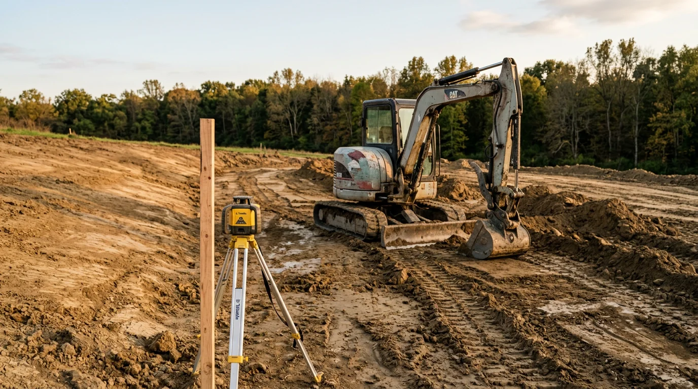 A tracked excavator moving and leveling clay soil on a residential lot in Huntington County, Indiana. The graded site shows a flat, compacted surface ready for construction with surrounding rural farmland visible in the background.