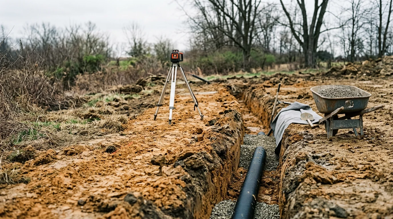 Excavated drainage trench with perforated pipe and gravel bed installed on a residential lot in Huntington County, Indiana. Surrounding clay soil and flat terrain show typical site conditions requiring subsurface drainage.
