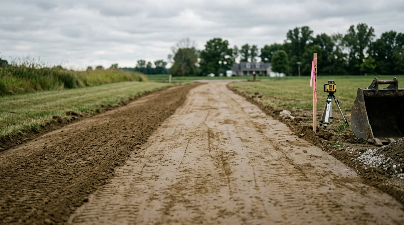 A freshly graded residential driveway in Huntington County, Indiana, showing a smooth compacted base with a visible slope directing drainage away from the home. Excavation equipment is positioned at the edge of the site against a rural Indiana property backdrop.