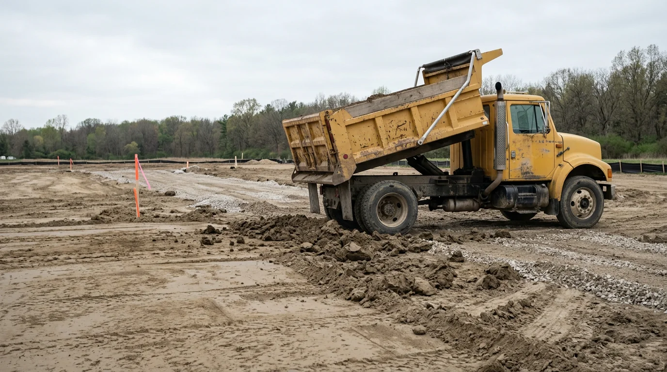 A dump truck loaded with excavated soil on a site development job in Huntington County, Indiana, with graded earth and cleared land visible in the background. The truck is positioned near a freshly cut grade on a residential or commercial build site.