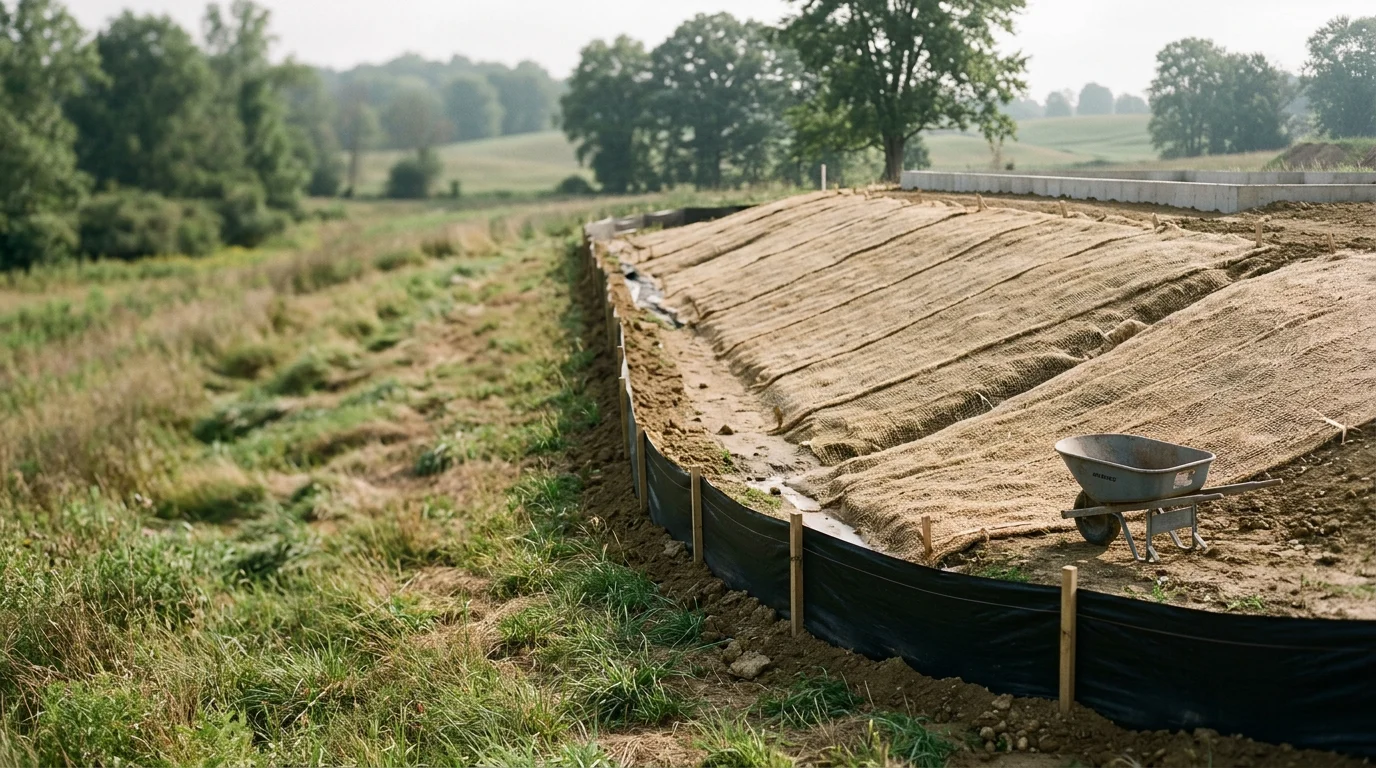 A graded slope on a residential property in Huntington County, Indiana, with stabilized soil and a clear drainage path directing water away from the home's foundation. The surrounding ground shows recently shaped earth prepared for vegetation establishment after erosion control grading work.