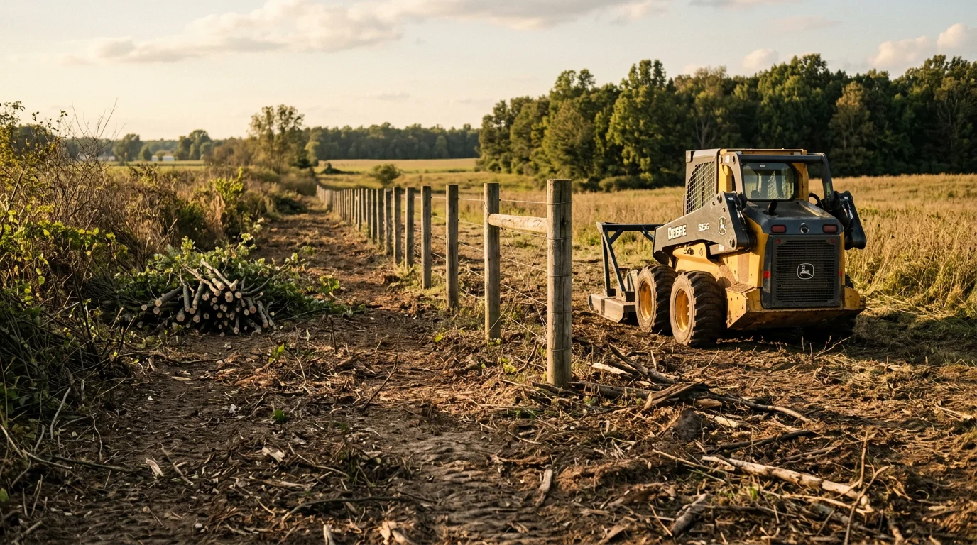 A cleared fence row along a rural Huntington County property boundary, with brush and overgrowth removed and fence posts visible against an open field edge. Debris has been cleared from both sides of the fence line, leaving the wire and posts accessible.