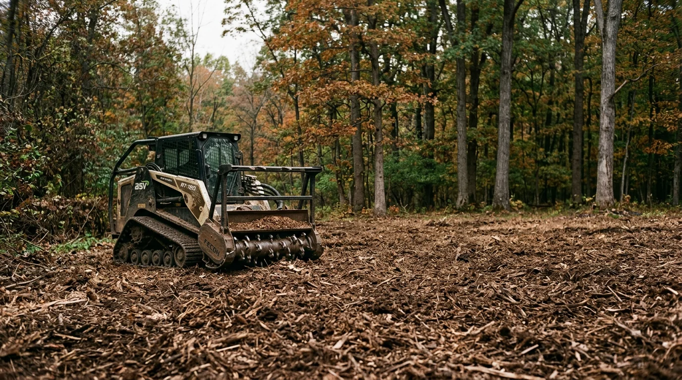A cleared wooded parcel in Huntington County, Indiana showing open ground with a natural mulch layer after forestry mulching. Mature trees remain standing along the property edge while dense undergrowth and brush have been removed.