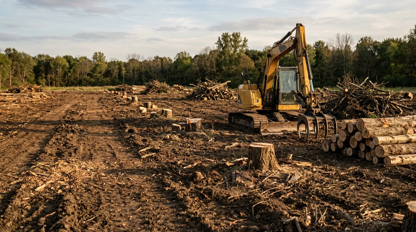 A cleared residential lot in Huntington County, Indiana, with trees, stumps, and brush fully removed, leaving bare ground ready for grading. An excavator sits at the edge of the cleared site surrounded by northeast Indiana farmland.