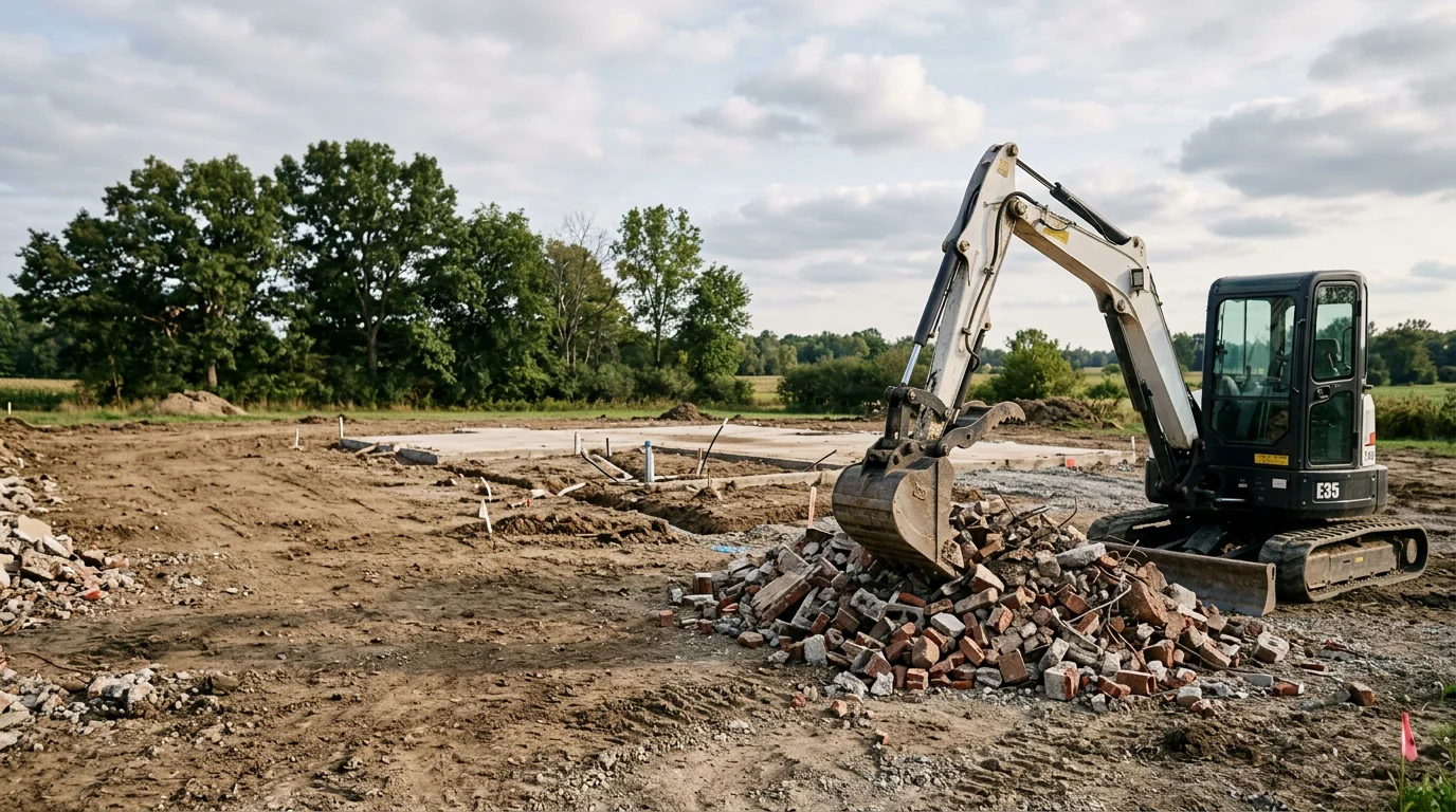 A veteran-owned excavating crew operating heavy equipment to demolish a residential structure in Huntington County, Indiana. The building is being torn down to the foundation with debris staged for removal on a cleared rural property.