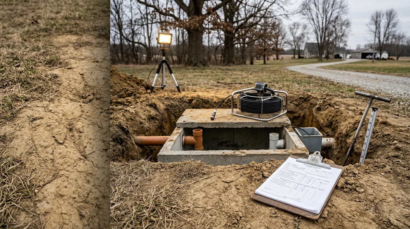 A Patriot Excavating crew member inspecting a residential septic system access point on a rural Huntington County property. The surrounding yard shows flat Indiana terrain with visible drain field area in the background.
