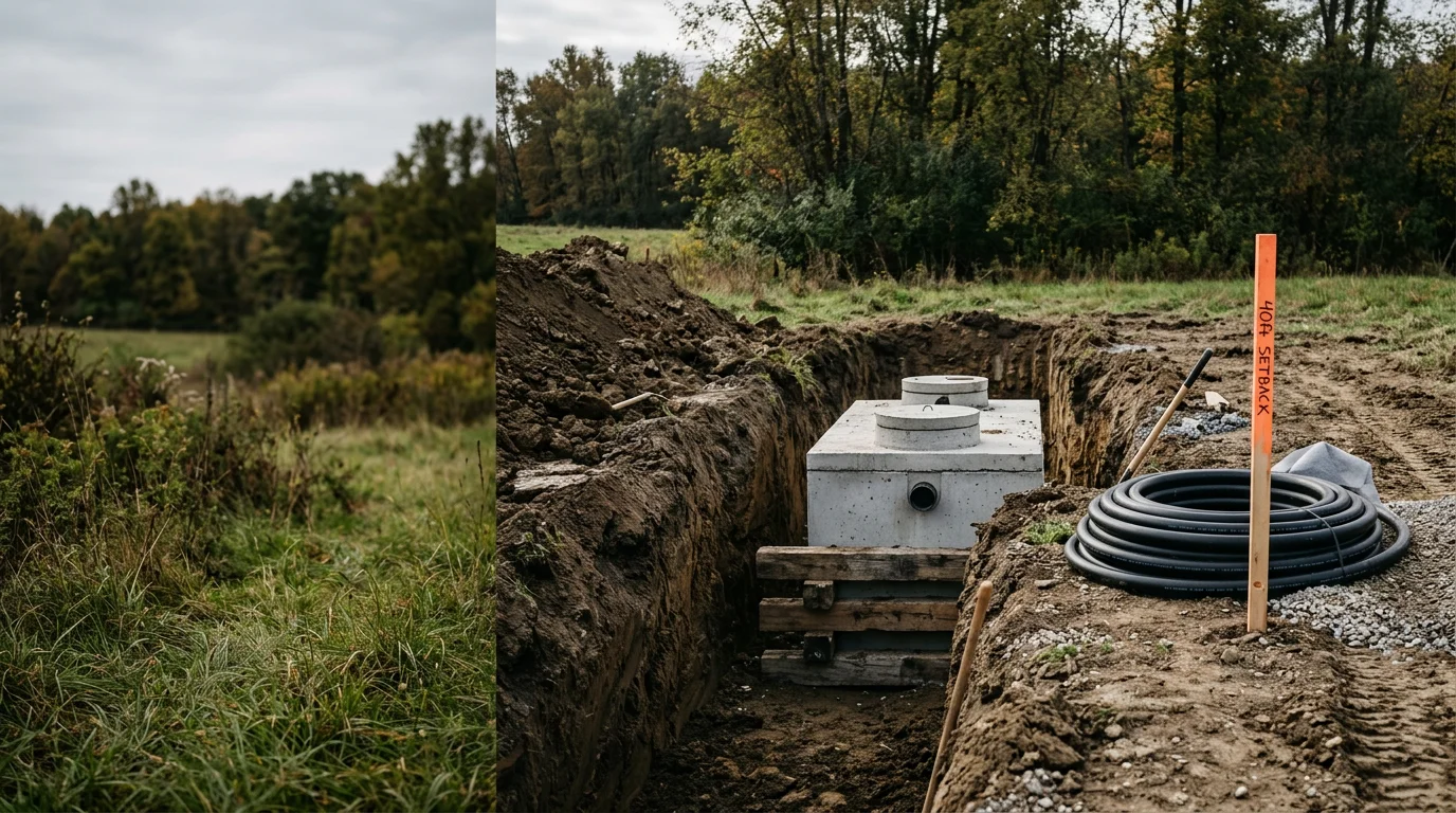 A newly installed septic system with exposed tank and drain field trenches on a rural Huntington County, Indiana property. Excavated clay soil surrounds the installation site with open farmland visible in the background.