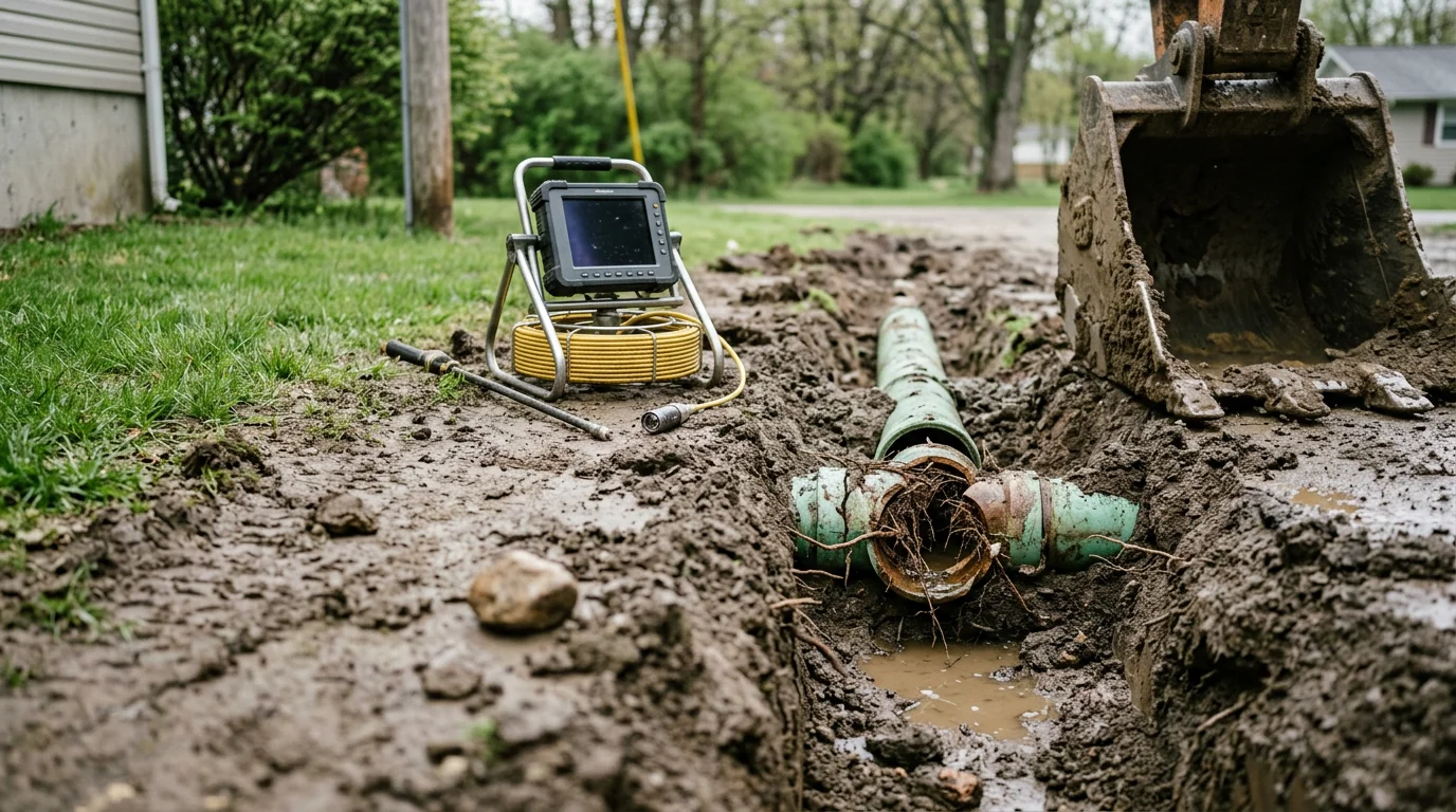 Excavation crew exposing a damaged residential sewer line in a clay-soil yard in Huntington County, Indiana. The open trench shows the failed pipe section being prepared for repair.