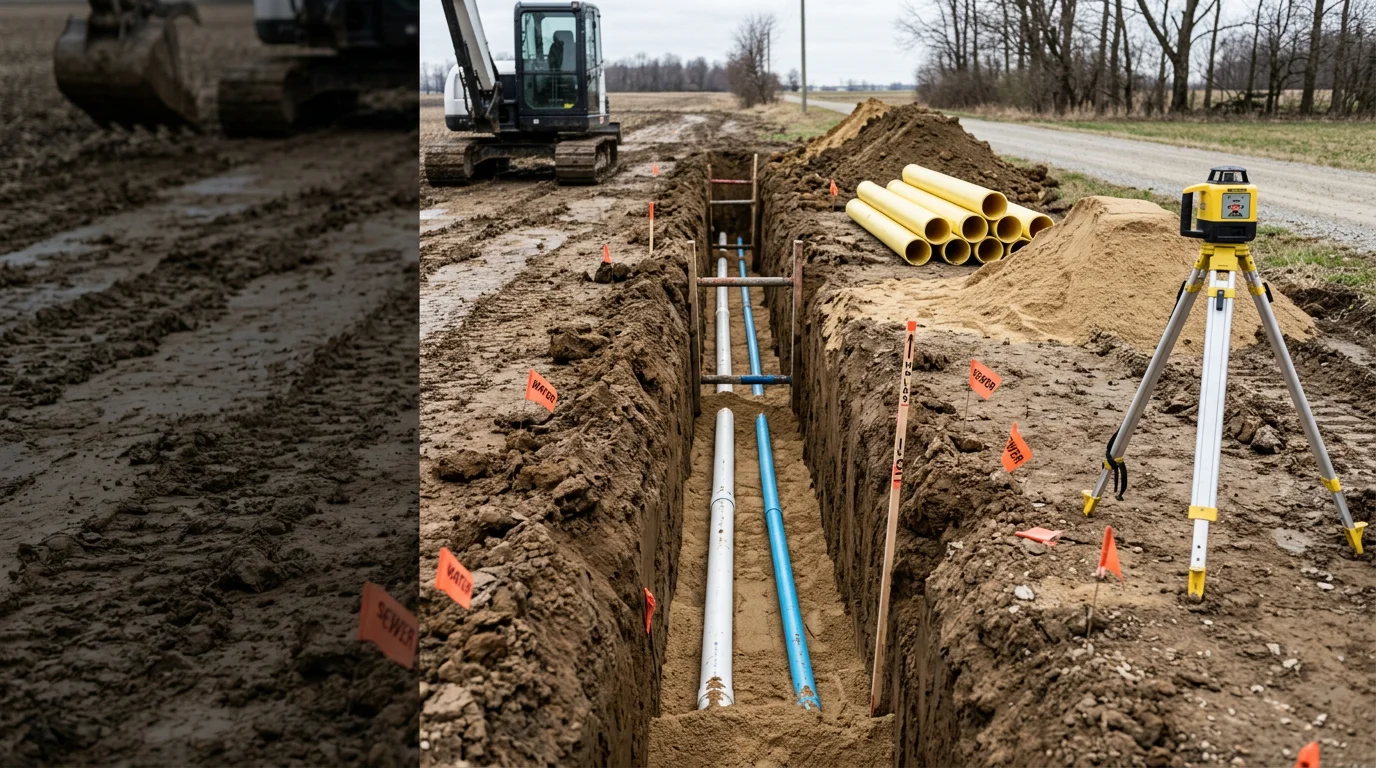 An excavator digging a straight utility trench across a rural Huntington County property, with exposed soil walls and a water service line staged for placement alongside the open trench.